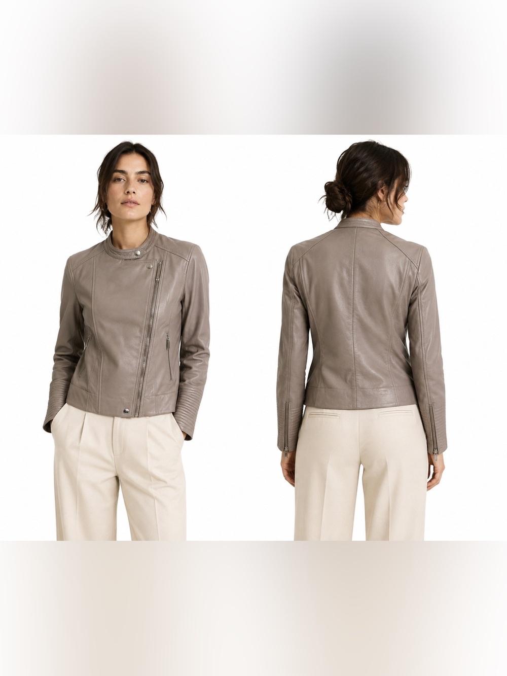 Mango Grey Taupe Moto Biker Zip Leather Jacket Size XS